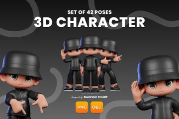 Niño de dibujos animados con traje negro y sombrero saludando Paquete de Illustration 3D