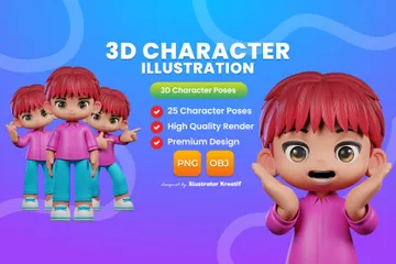 Niño con pelo rojo y pantalones azules Paquete de Illustration 3D