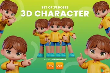 Niño pequeño con una camisa amarilla y pantalones cortos azules Paquete de Illustration 3D