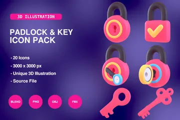 Padlock And Key 3D Icon Pack
