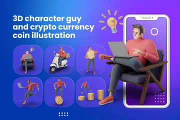 Personagem 3D e moeda criptográfica Pacote de Illustration 3D