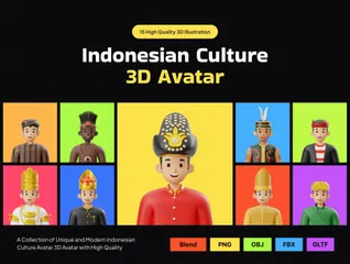 Personagem Avatar da Cultura Indonésia Pacote de Icon 3D