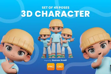 Personagem de desenho animado com camisa azul e calça branca Pacote de Illustration 3D