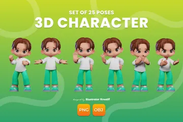 Personagem de desenho animado com camisa branca e calça verde Pacote de Illustration 3D