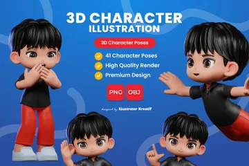 Personagem de desenho animado com camisa preta e calça vermelha Pacote de Illustration 3D