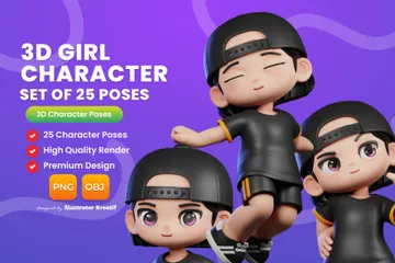 Personagem de desenho animado com camisa preta e short preto Pacote de Illustration 3D