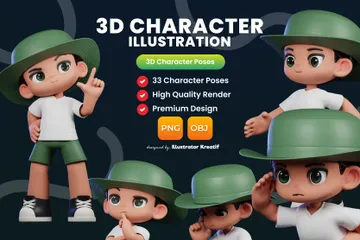 Personagem de desenho animado com chapéu verde e camisa branca Pacote de Illustration 3D