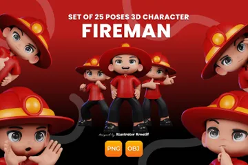 Personagem de desenho animado com roupa de bombeiro Pacote de Illustration 3D