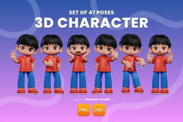 Personaje con camisa roja y pantalón azul. Paquete de Illustration 3D