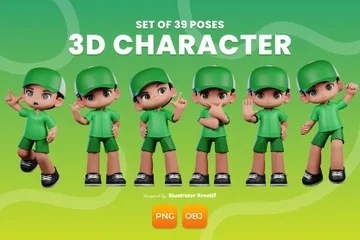 Personaje de dibujos animados con una camisa verde y una gorra Paquete de Illustration 3D