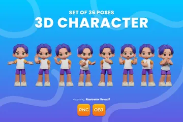 Personaje de dibujos animados con el pelo morado Paquete de Illustration 3D