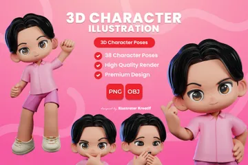 Personaje de dibujos animados en ropa rosa Paquete de Illustration 3D