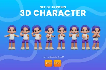 Personnage de dessin animé avec des cheveux violets Pack 3D Illustration