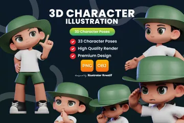 Personnage de dessin animé dans un chapeau vert et une chemise blanche Pack 3D Illustration