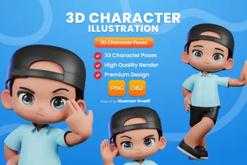 Personnage de dessin animé avec une chemise bleue et un short noir Pack 3D Illustration