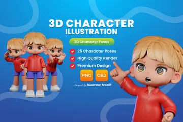 Personnage de dessin animé avec une chemise rouge et un short bleu Pack 3D Illustration