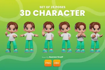 Personnage de dessin animé dans une chemise blanche et un pantalon vert Pack 3D Illustration