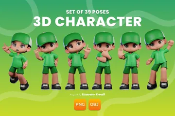 Personnage de dessin animé dans une chemise et une casquette vertes Pack 3D Illustration