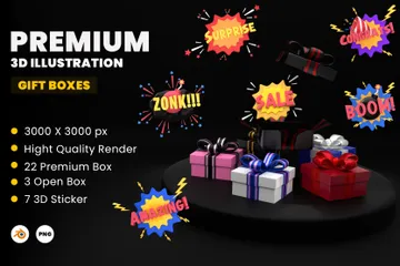 Premium Gift Box And Sticker 3D Illustration Pack