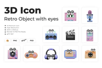 눈이 있는 레트로 오브젝트 캐릭터 3D Icon 팩