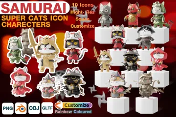 Samurai Super Cats Charaktere 3D Illustration Pack