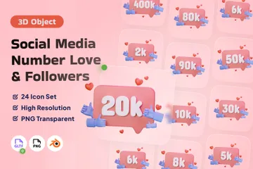 Número de mídia social, amor e seguidores Pacote de Icon 3D