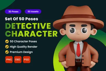 Set Of Detective Character Poses 3D Illustration Pack