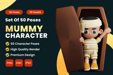 Set Of Mummy Cartoon Poses 3D Illustration Pack
