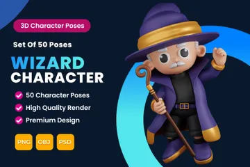 Set Of Wizard Character Poses 3D Illustration Pack