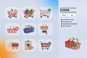 Shopping Cart And Basket 3D Icon Pack