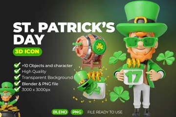Gegenstände und Charaktere zum St. Patrick's Day 3D Illustration Pack