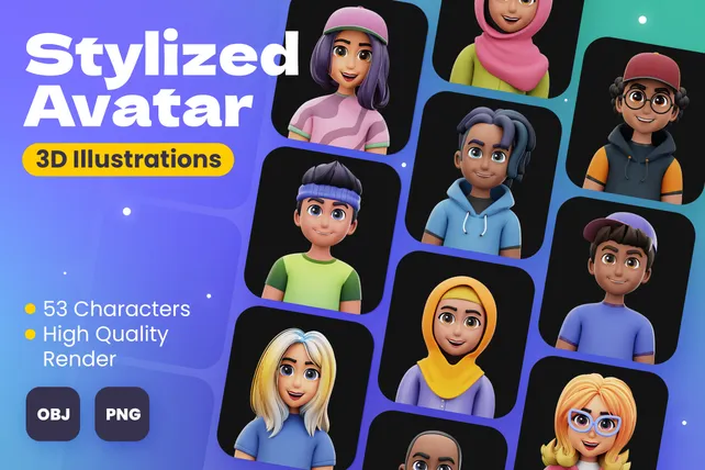 Stylized Avatar 3D Illustration Pack - 53 People 3D Illustrations | PNG ...