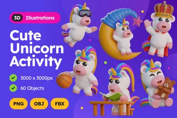 Süße Einhorn-Aktivität 3D Illustration Pack