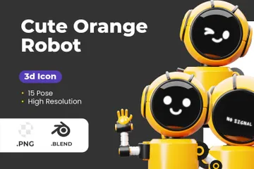 Süßer orangefarbener Roboter 3D Illustration Pack