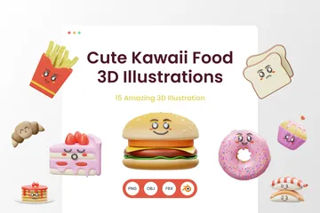 Süßes Kawaii-Essen 3D Illustration Pack