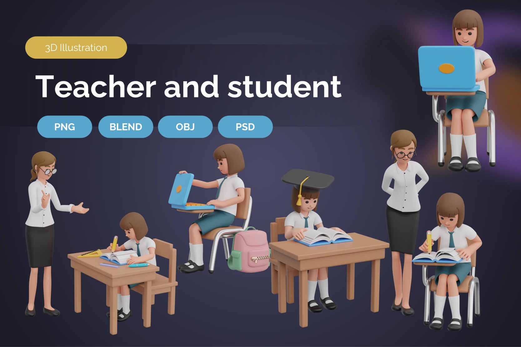 Premium Teacher And Student 3D Illustration pack from School ...