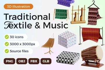 Instrumento musical e têxtil tradicional Pacote de Icon 3D