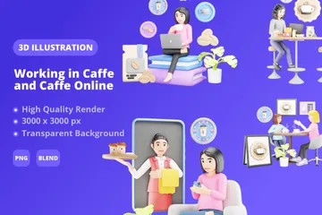 Travailler dans un café et un café en ligne Pack 3D Illustration