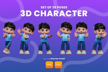 Um personagem de desenho animado com camisa azul e calça azul Pacote de Illustration 3D