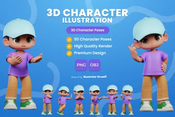 Un petit garçon avec un chapeau bleu et une chemise violette Pack 3D Illustration