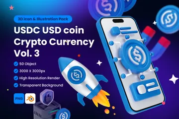 USDC USD Coin Digital Stablecoin Criptomoeda Vol 3 Pacote de Icon 3D