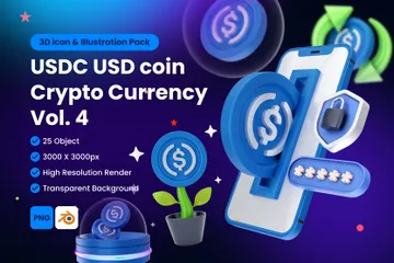 USDC USD Coin Digital Stablecoin Criptomoeda Vol 4 Pacote de Icon 3D