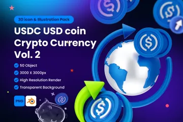 USDC USD Coin Criptomoneda digital estable Vol 2 Paquete de Icon 3D