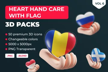 Bandeiras de vidro para cuidados com as mãos e corações de países e organizações Vol 6 Pacote de Icon 3D