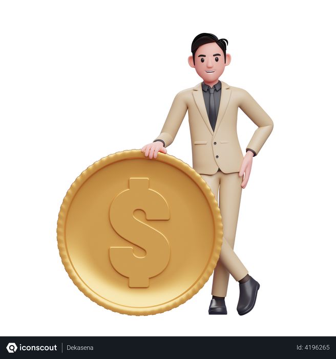 Businessman standing with coin 3D Illustration