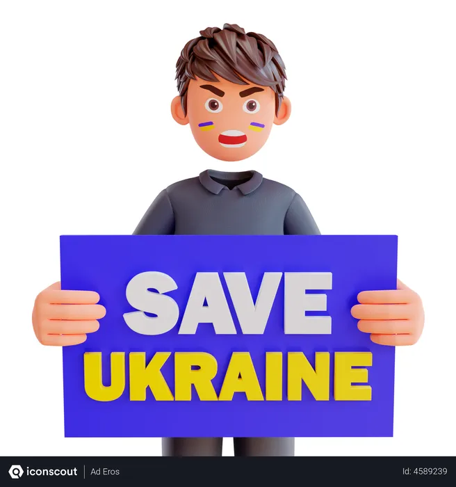 Free Boy holding poster for save Ukraine  3D Illustration