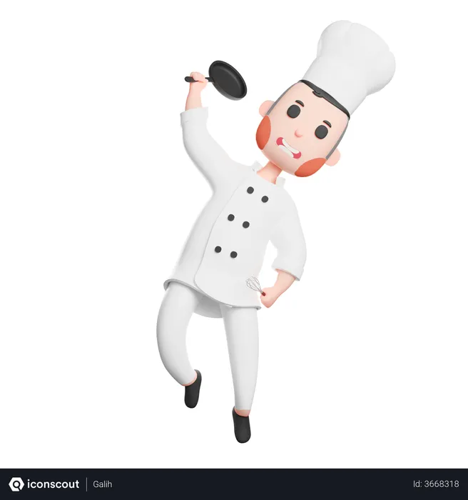 Free Cheerful chef with holding frying pan  3D Illustration