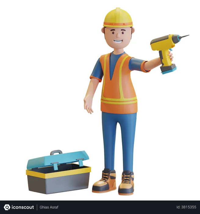 Free Construction worker holding drill machine  3D Illustration