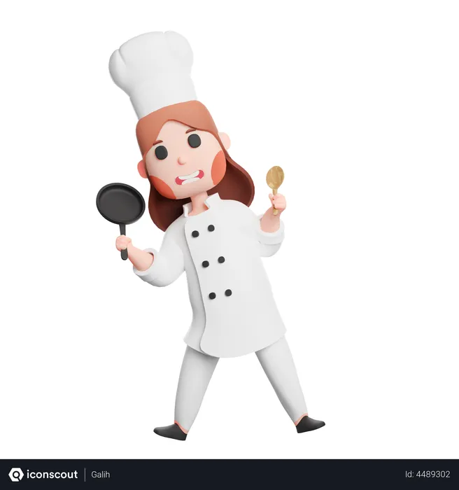 Free Cute chef holding frying pan and spatula utensil  3D Illustration