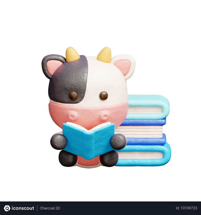 Free 책을 읽는 귀여운 소  3D Illustration